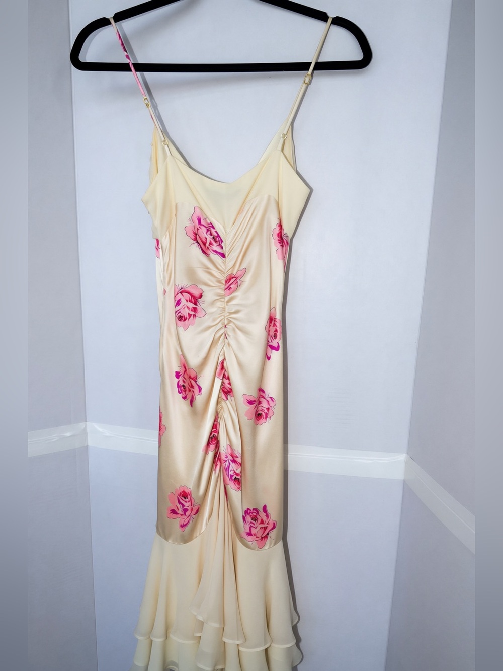 Betsey Johnson Vintage Cream Maxi Slip Dress with Pink Floral Print.